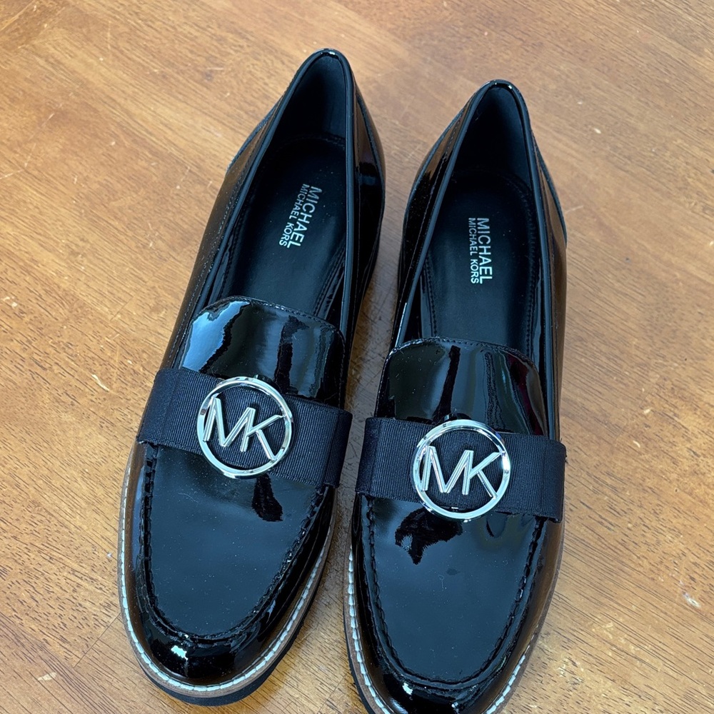 Michael Kors Shiny Black Loafers with Silver Logo